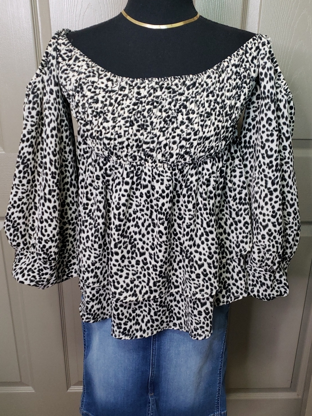 Lost In Lunar NWT Smocked Off-Shoulder Leopard Print Women's Top - Black & White